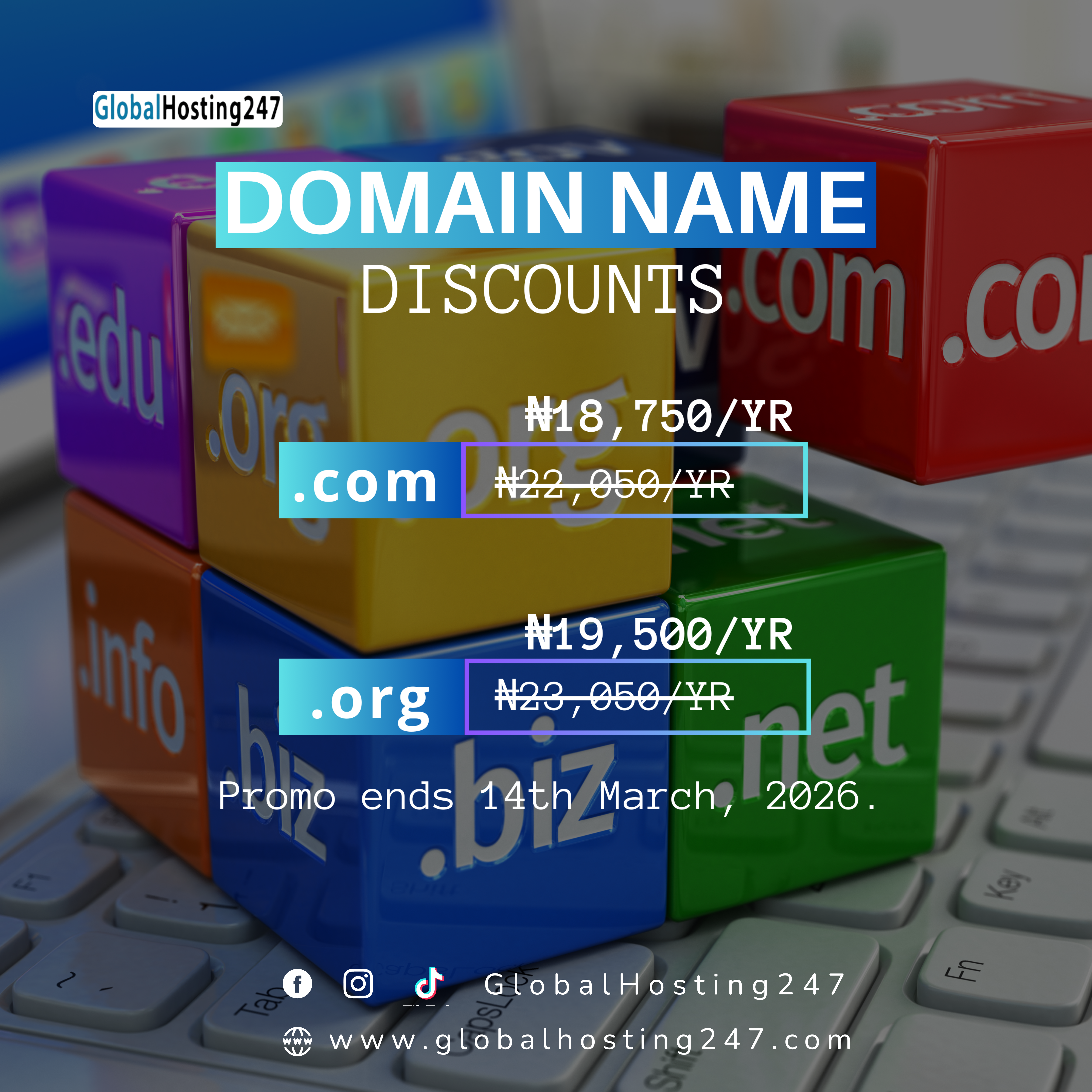 Register your .com and .org domains at discounted price
