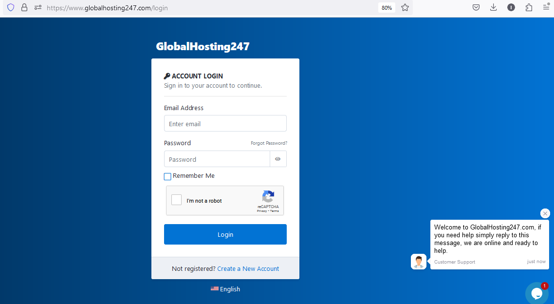 GlobalHosting247 Client area login page