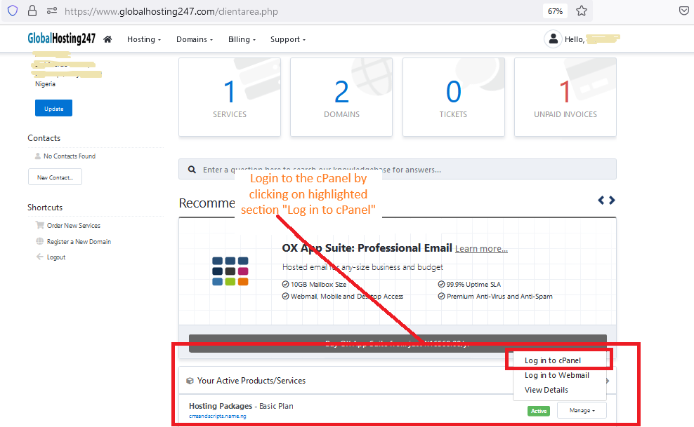 cPanel login through the client area dashboard at https://www.globalhosting247.com/clientarea.php